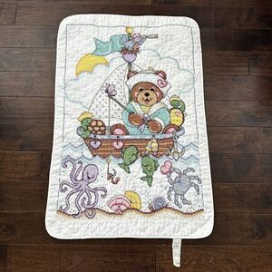Cross Stitch Ships Ahoy Baby Quilt Blanket Bucilla Sailor Bear Fishing 27x41